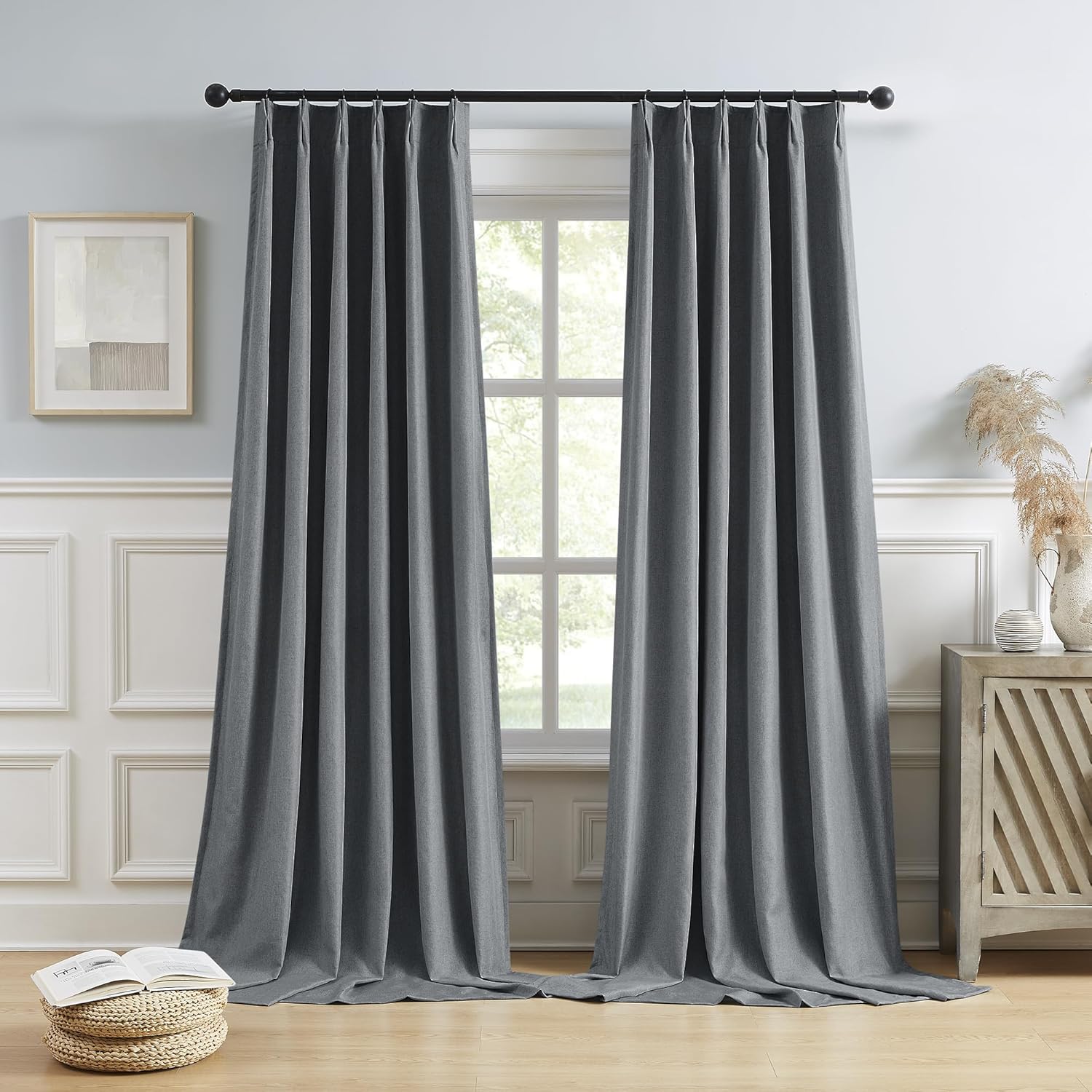 DUALIFE Gray Extra Long Pinch Pleated Blackout Curtains 138 in