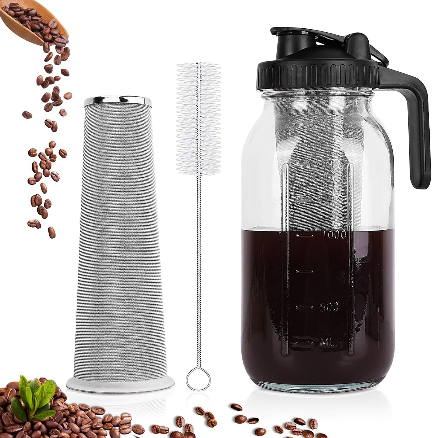 64oz Mason Jar Cold Brew Maker - Airtight Stainless Steel Filter