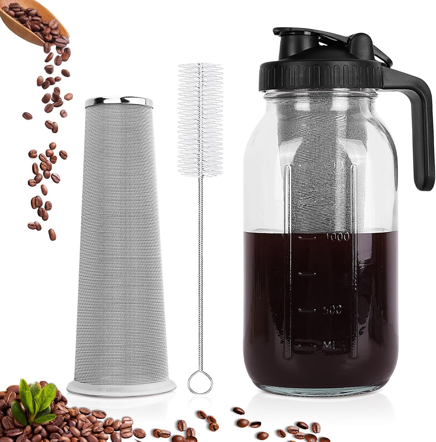 64oz Mason Jar Cold Brew Maker - Airtight Stainless Steel Filter