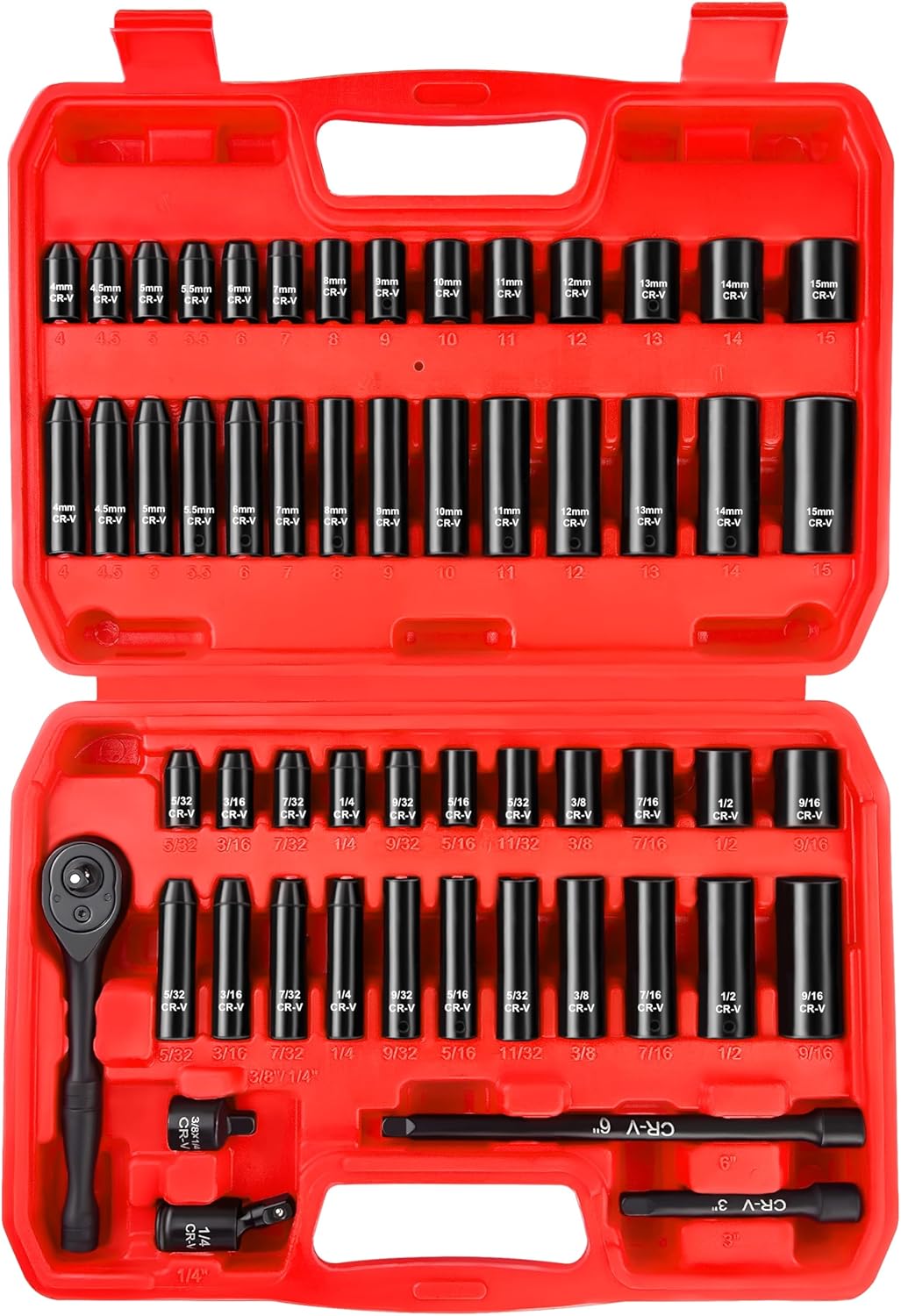 WETT 1/4 Drive Impact Socket Set, 55 Piece, SAE/Metric Tools