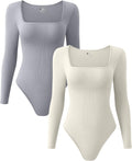 Women's 2 Pack Ribbed Square Neck Long Sleeve Bodysuits - Stretchy Fit
