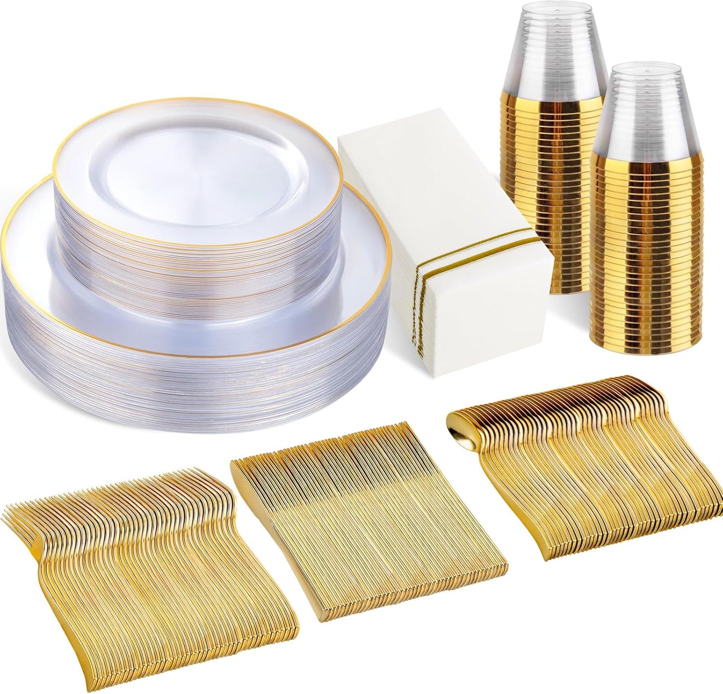 SUT 175 PCS Clear and Gold Plastic Plates for Elegant Parties