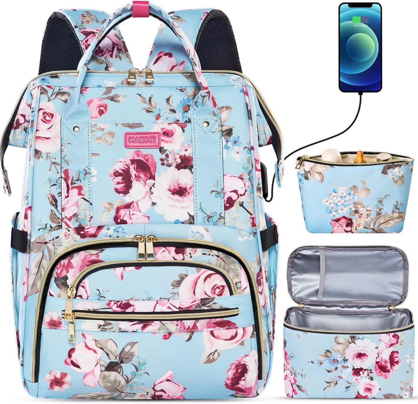 Kaome Lunch Backpack for Women with USB Port and Insulated Bag