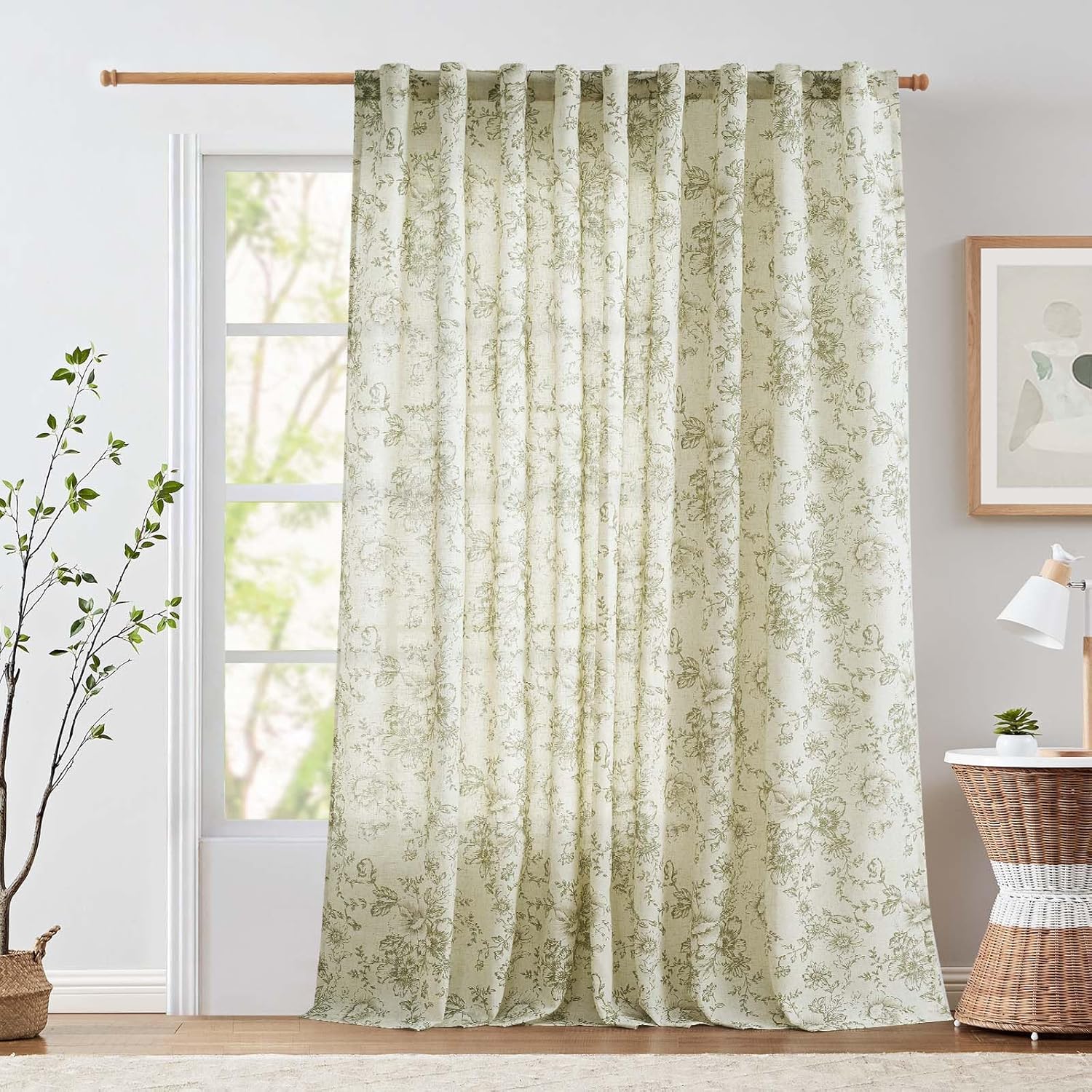 Floral Linen Curtains Extra Wide for Patio Sliding Glass Door