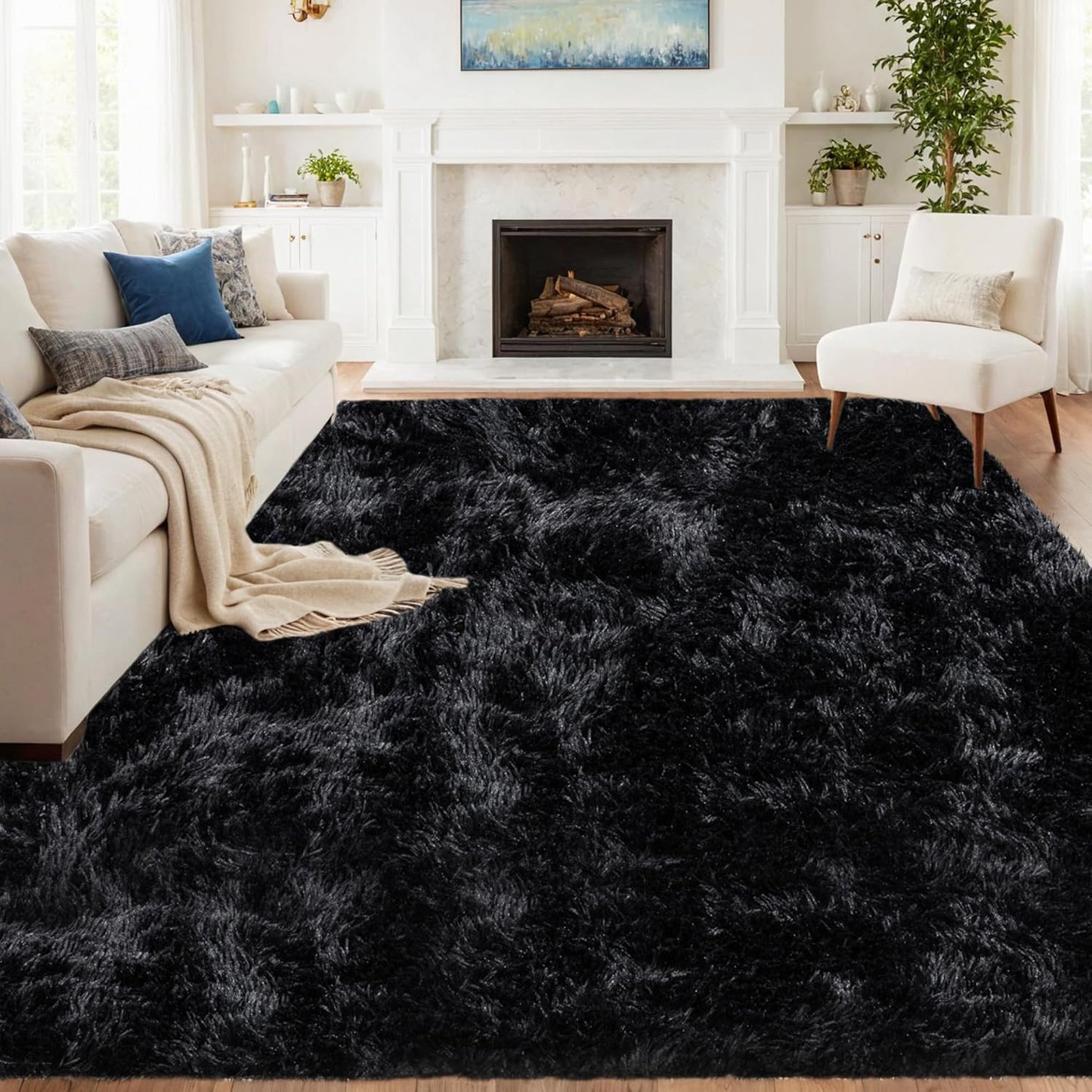 8x10 Area Rugs for Living Room: Soft Fluffy Shag Black Rug
