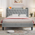 Queen Bed Frame Velvet Upholstered Platform Bed - USB Type-C Ports