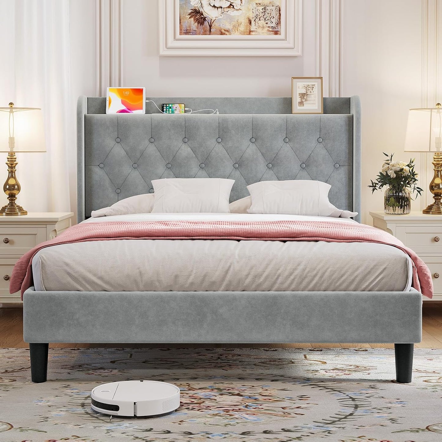 Queen Bed Frame with USB Ports and Wingback Storage Headboard