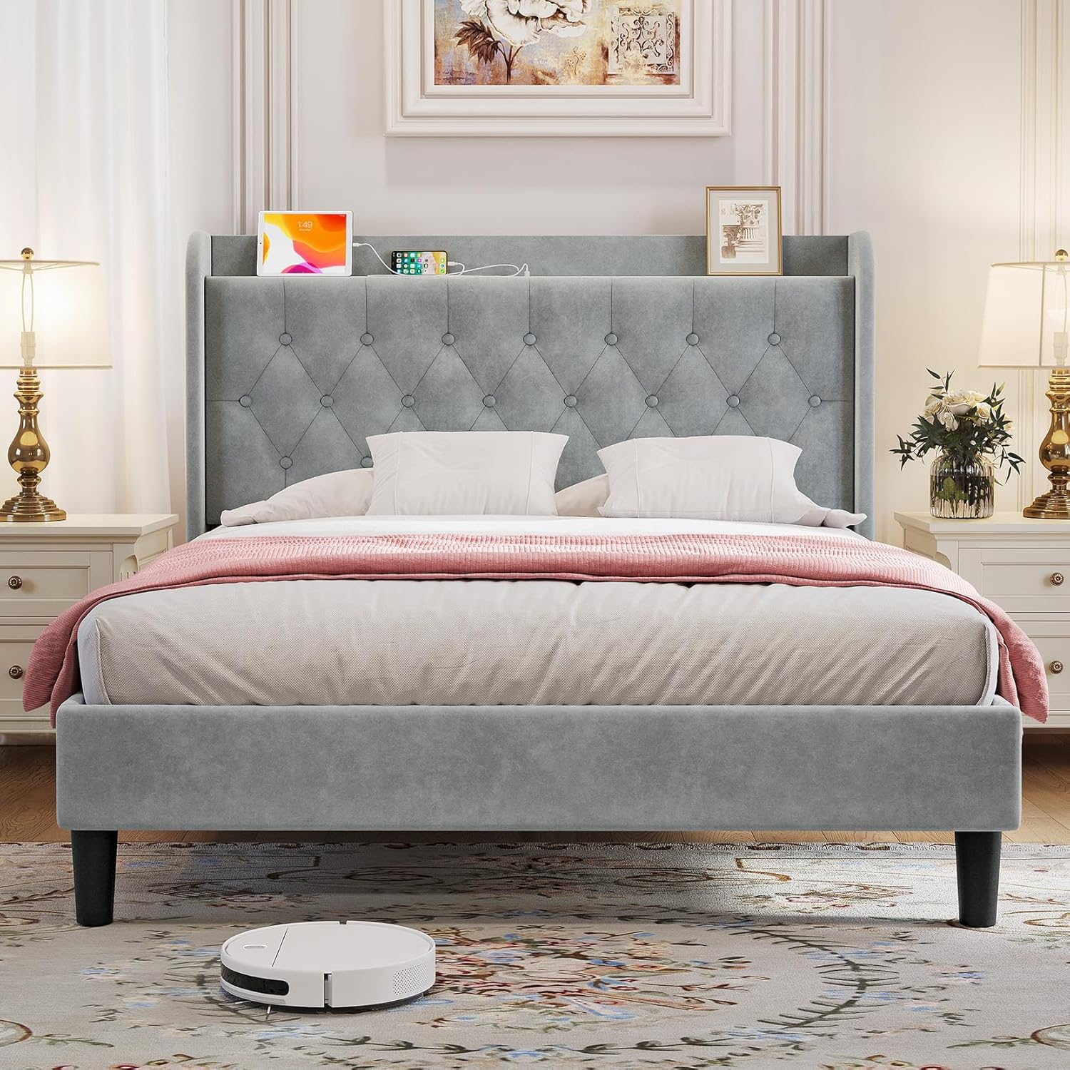 Queen Bed Frame with USB Ports and Wingback Storage Headboard