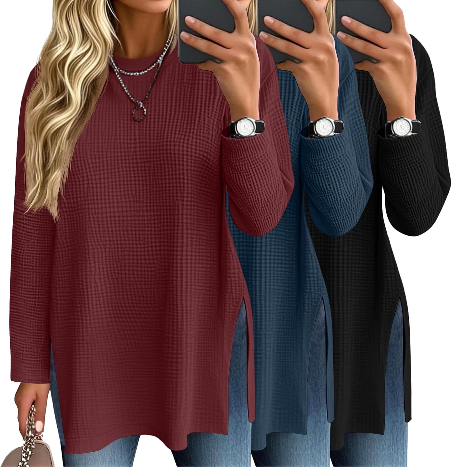 3 Pack Women's Waffle Knit Long Sleeve Tops for Casual Style