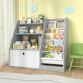 Kids Bookshelf Grey 3-Tier with 6 Sling Pouches - Toddler Bookcase