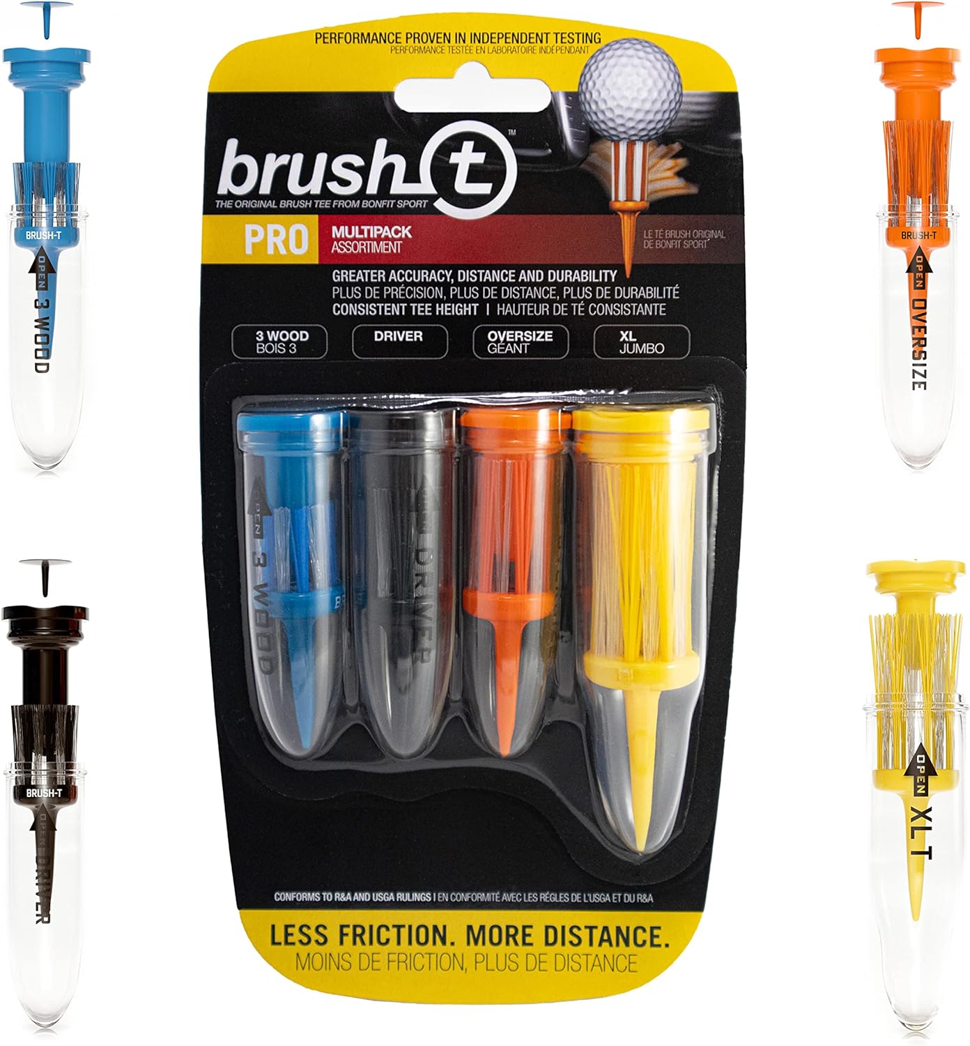 BRUSH T Premium Unbreakable Golf Tees - Consistent Height - Perfect Golf Gift - Multiple Sizes - 4 Pack