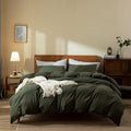 Dark Green Duvet Cover Queen - 100% Washed Cotton, Natural Wrinkled
