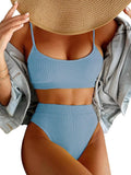 Women High Waisted Tummy Control Ribbed Bikini Set - Flattering Fit