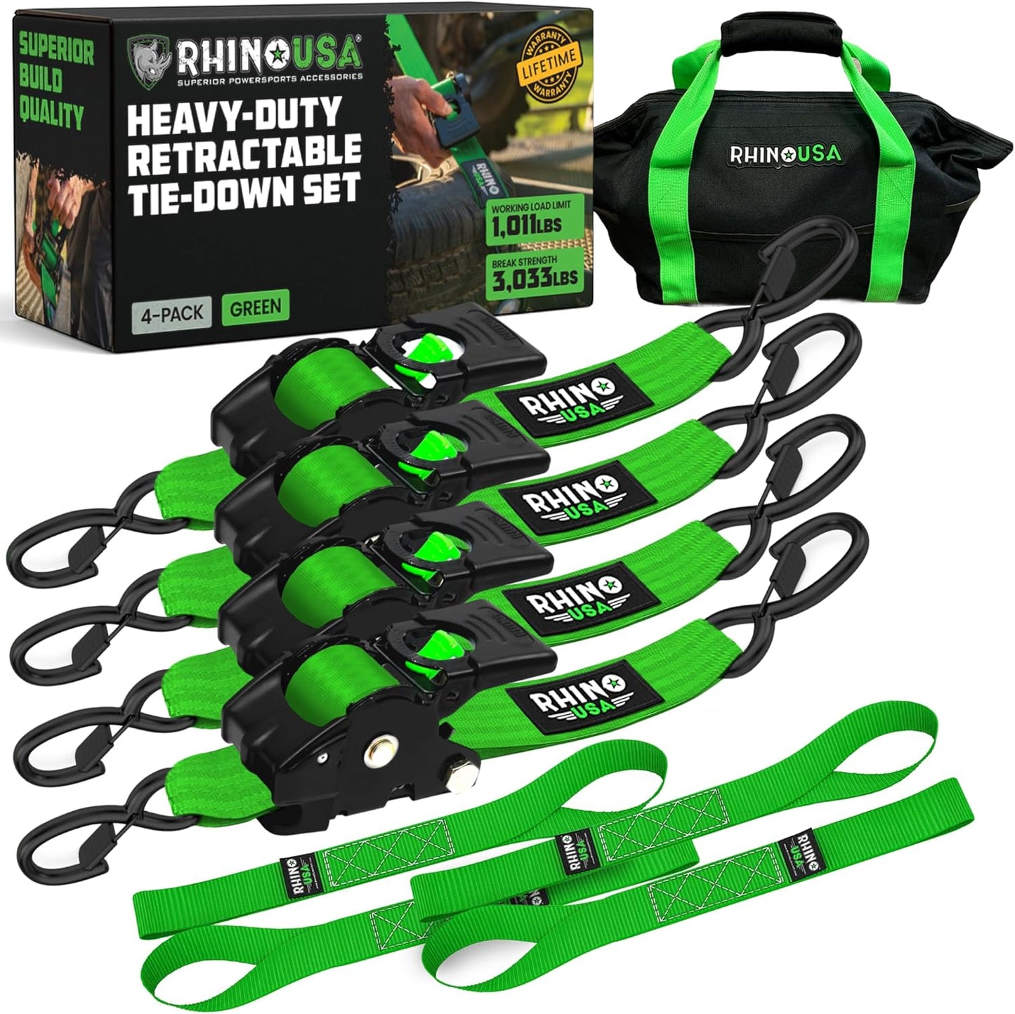 Rhino USA Retractable Ratchet Straps - Heavy Duty Tie Downs
