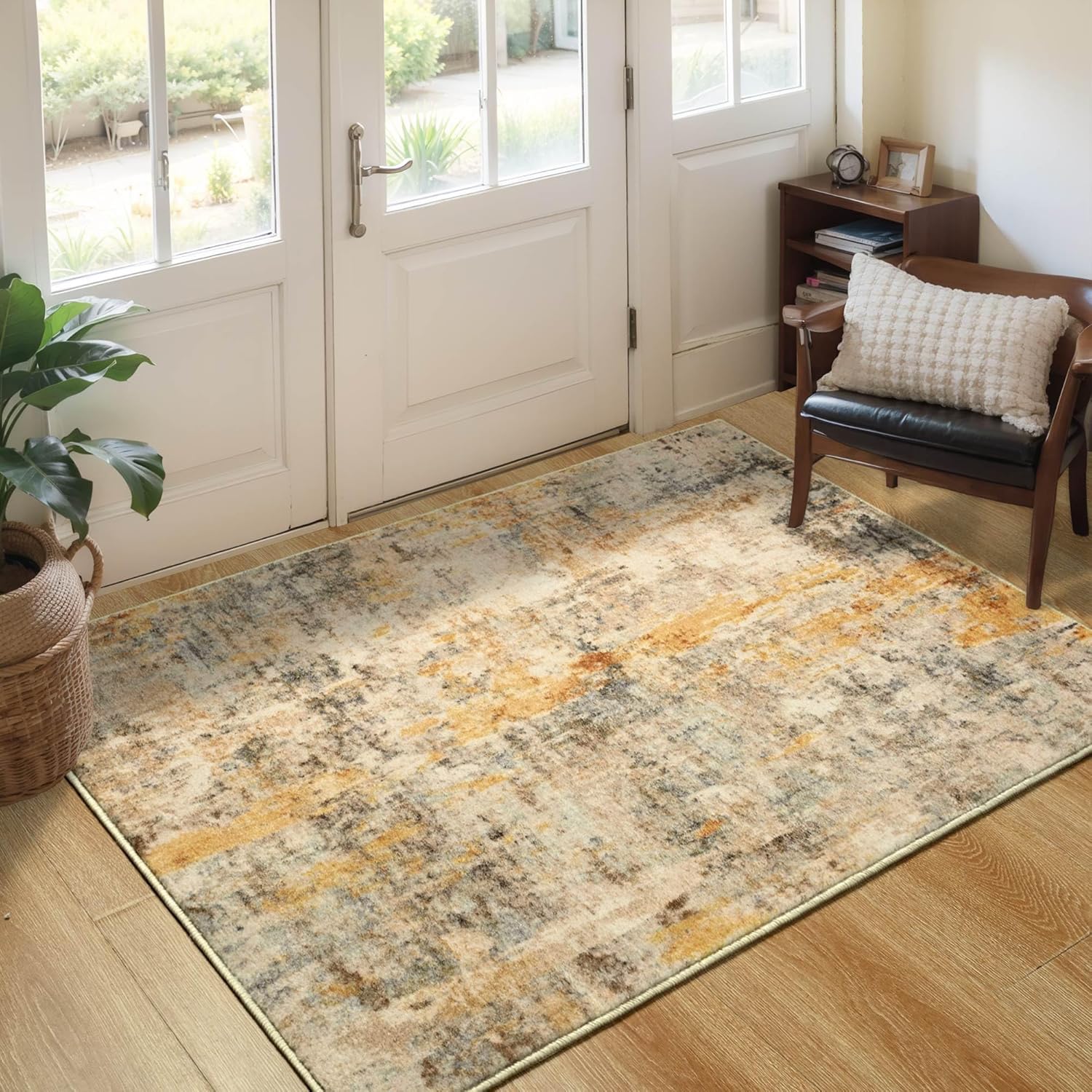 Entryway Rug 3x5 Beige Non Slip Abstract Boho Indoor Carpet