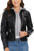 Fahsyee Zip Leather Jacket for Women Motorcycle Faux PU Moto Biker pop