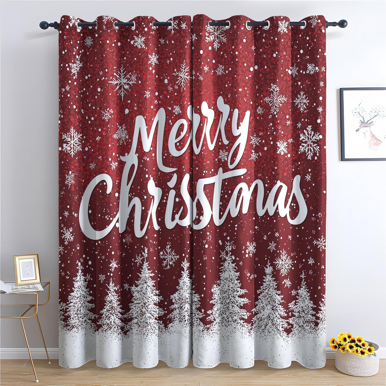 Merry Christmas Red Snowflake Curtains - 63 Blackout