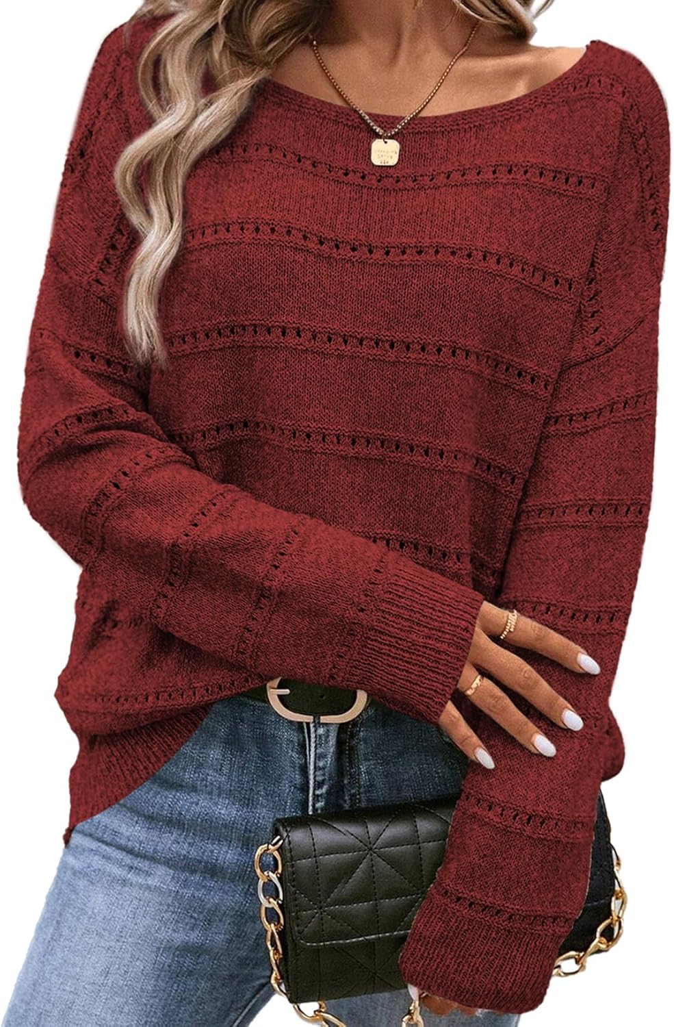 SHEWIN Women's Lightweight Knit Boat Neck Crochet Sweater