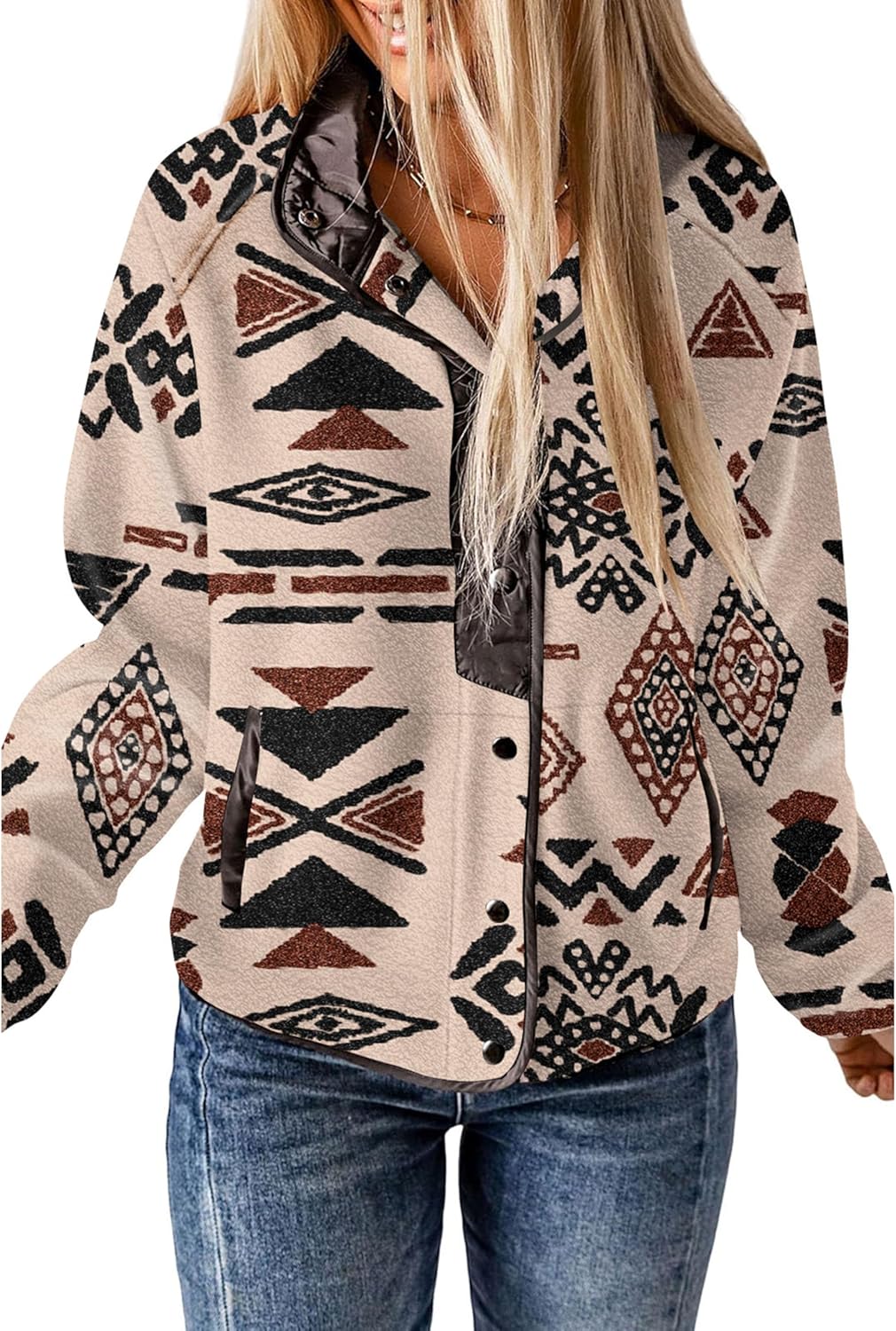 Womens Fleece Jacket with Western Aztec Print for Cozy Style