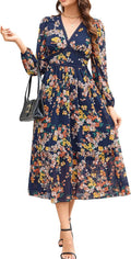 Women's Spring Wrap Maxi Dress Floral V Neck Long Sleeve - Flowy line
