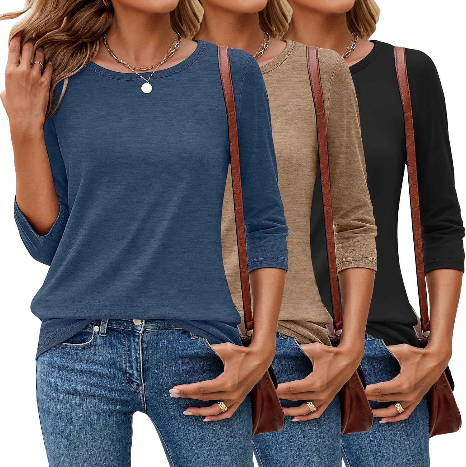3 Pack 3/4 Sleeve Tops for Women - Dressy Casual Tees