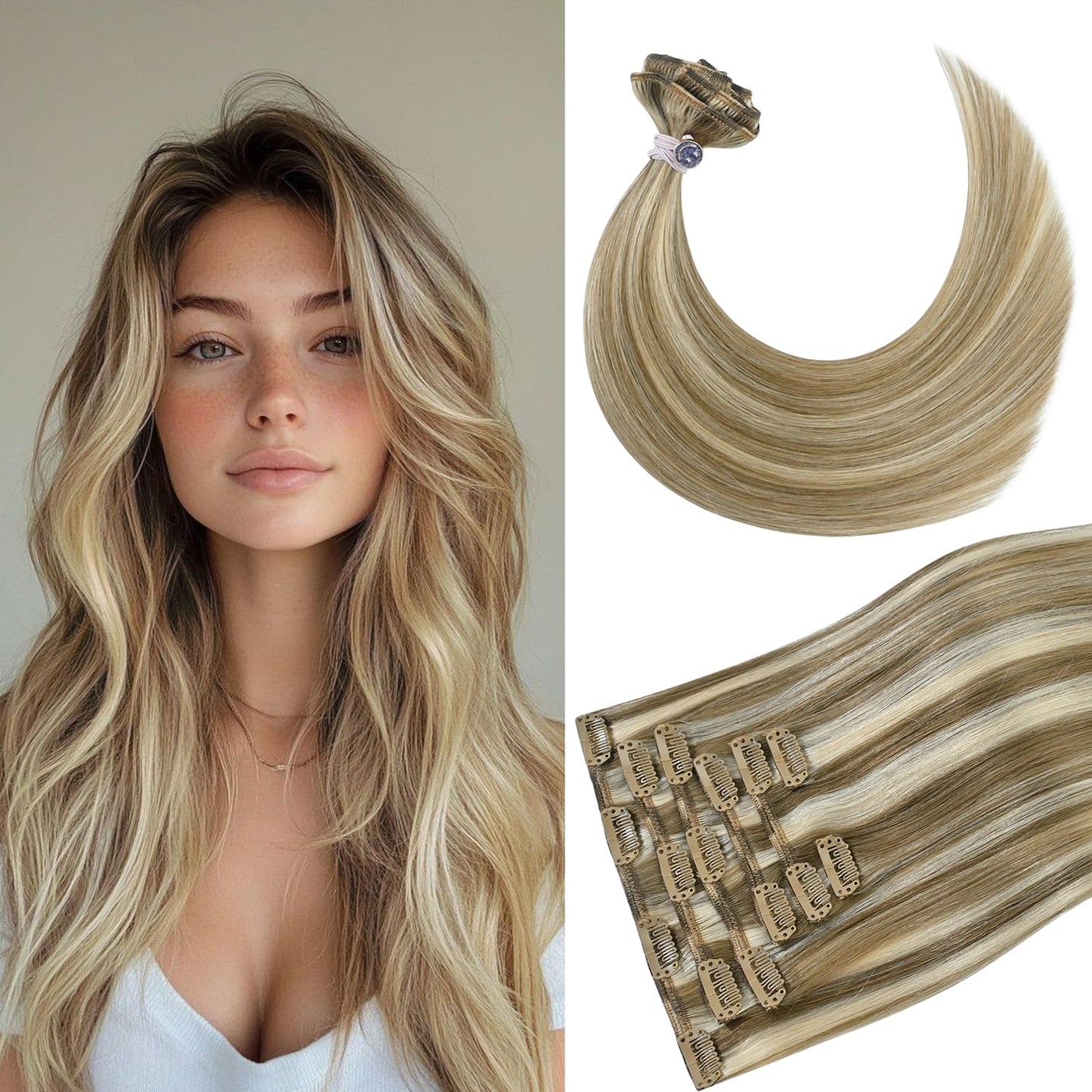 Blonde Hair Extensions Real Human Hair Clip in for Women 15 in