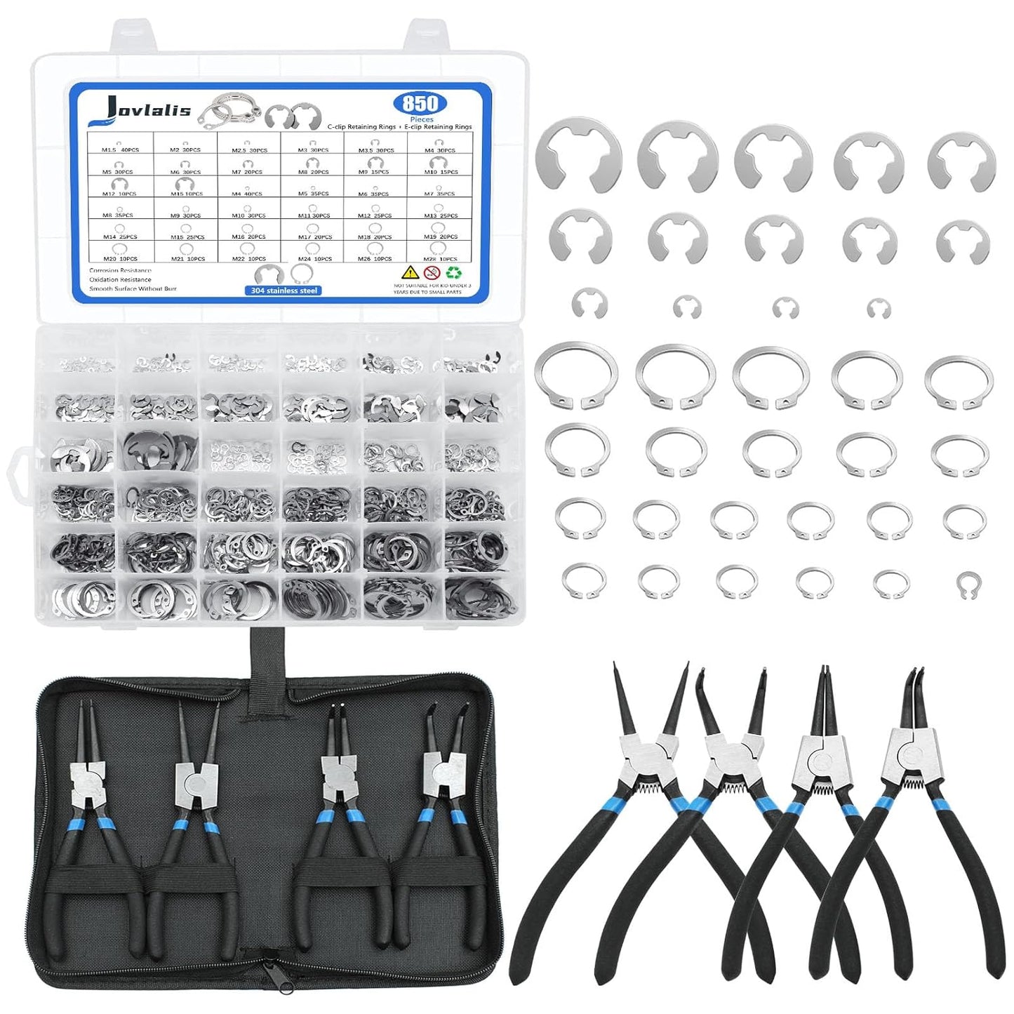 850Pcs C-clip and E-clip Retaining Rings Assortment Kit