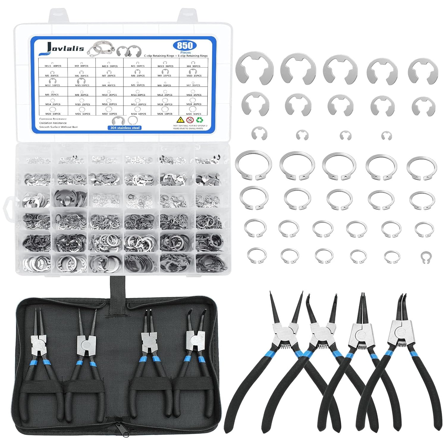 850Pcs C-clip and E-clip Retaining Rings Assortment Kit