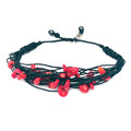 Red Coral Bracelet Black String Beach Style for Women - Handmade