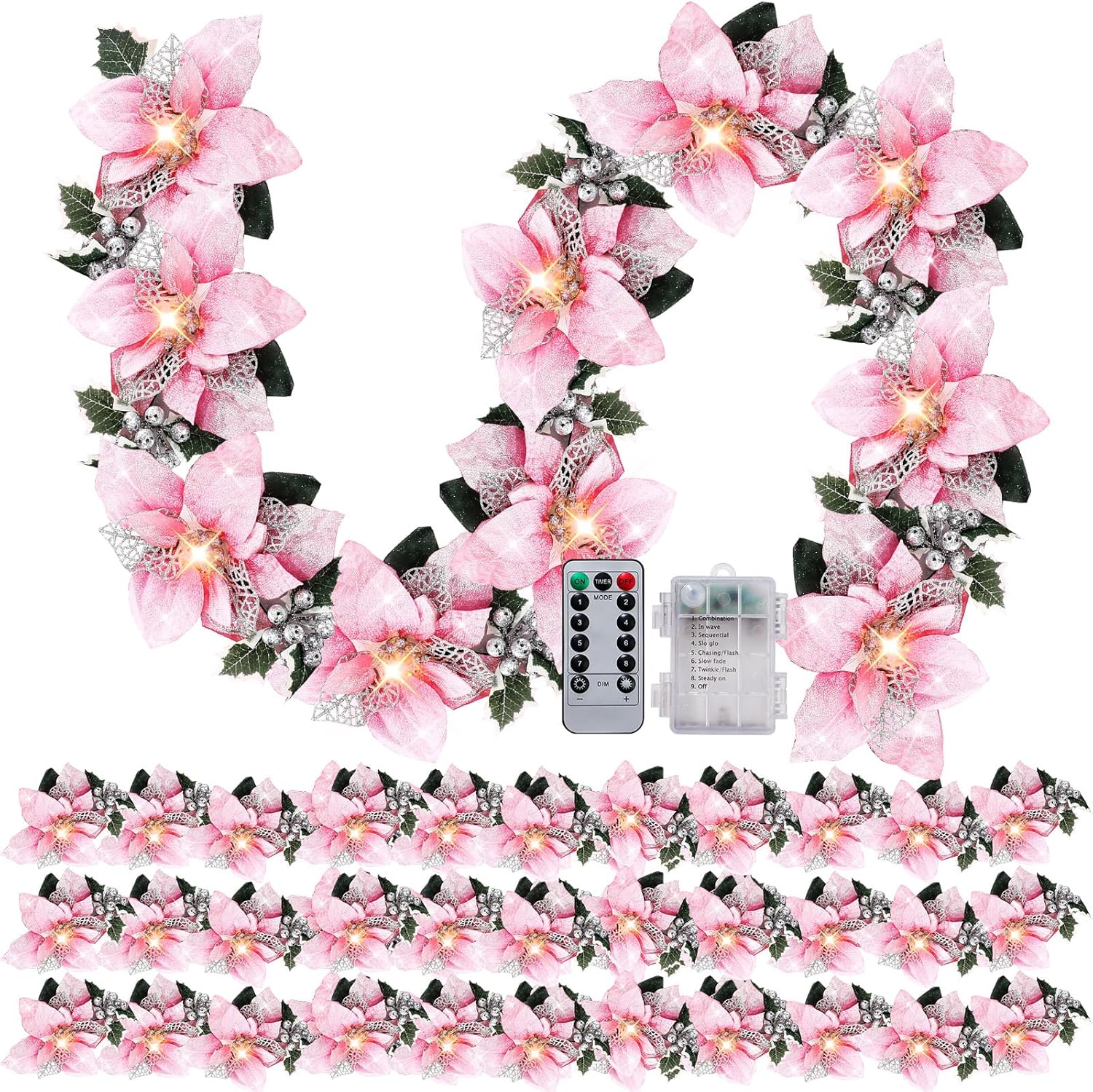 Prelit Poinsettia Christmas Garland with Lights for Decor