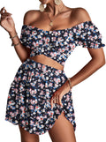 LYANER Women's 2 Piece Floral Off Shoulder Crop Top and Mini
