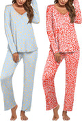 Ekouaer Womens 2 Pack Pajama Set V Neck Long Sleeve (Style 9VQ6)