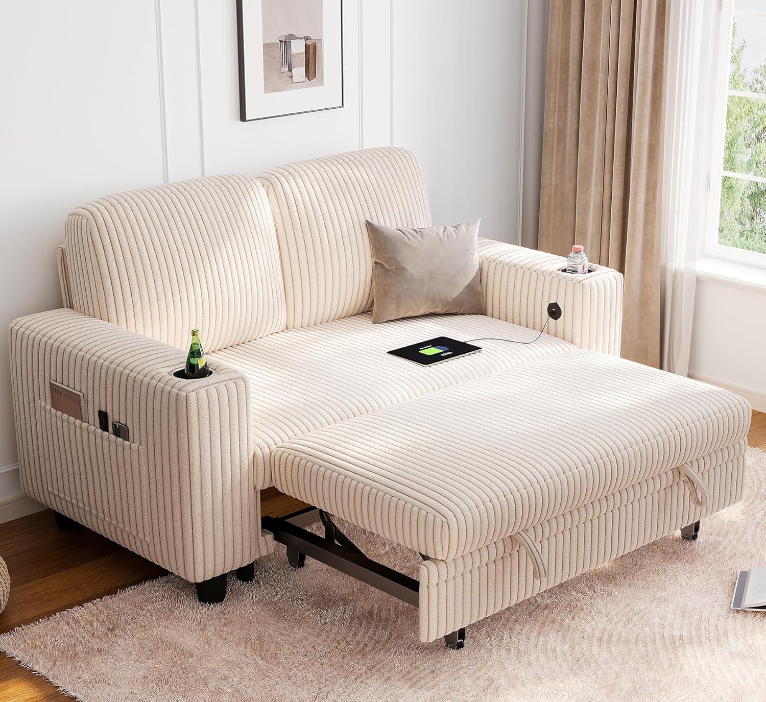 LINSY HOME Loveseat Sofa with Pull Out Couch Chaise for Small Spaces