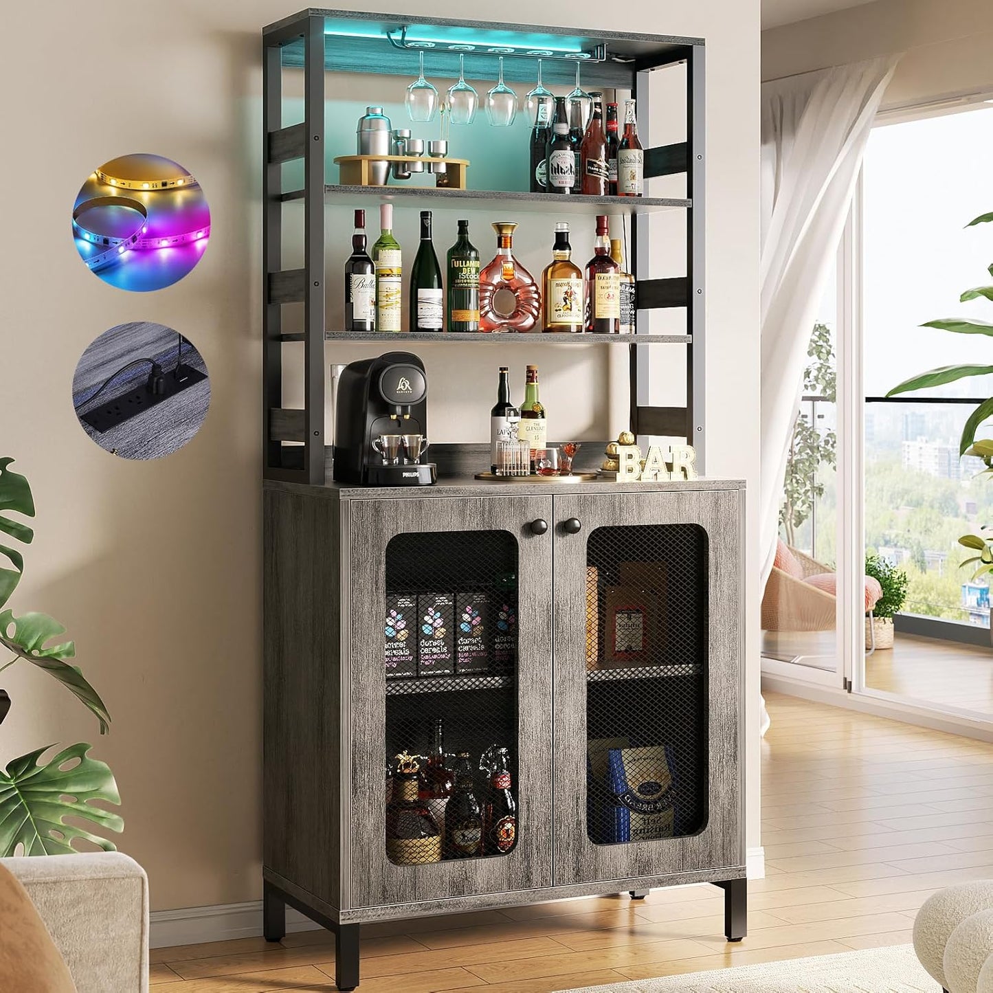 67in Tall Wine Bar Cabinet with Power Outlets and LED Lights