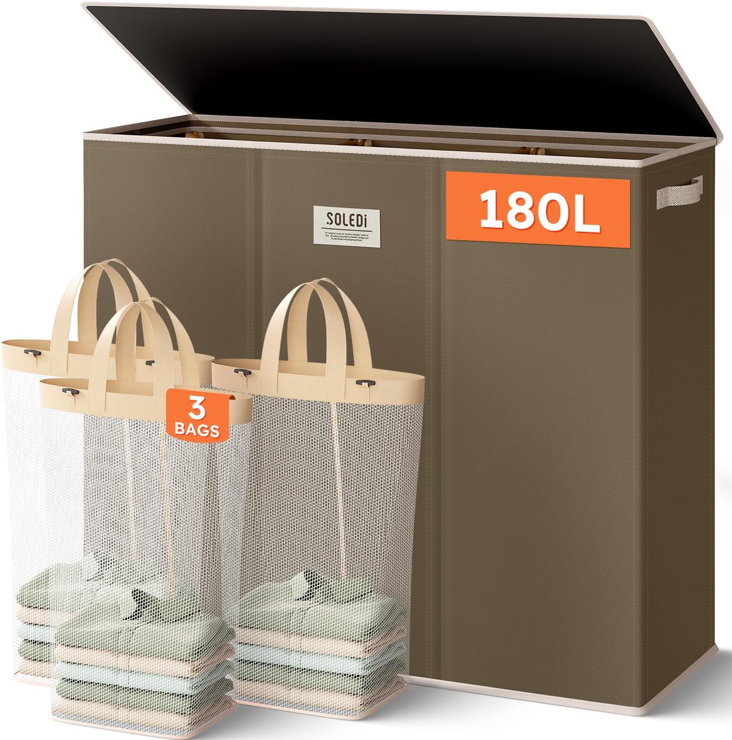SOLEDI 180L 3-Section Laundry Hamper with Lid for Easy Sorting