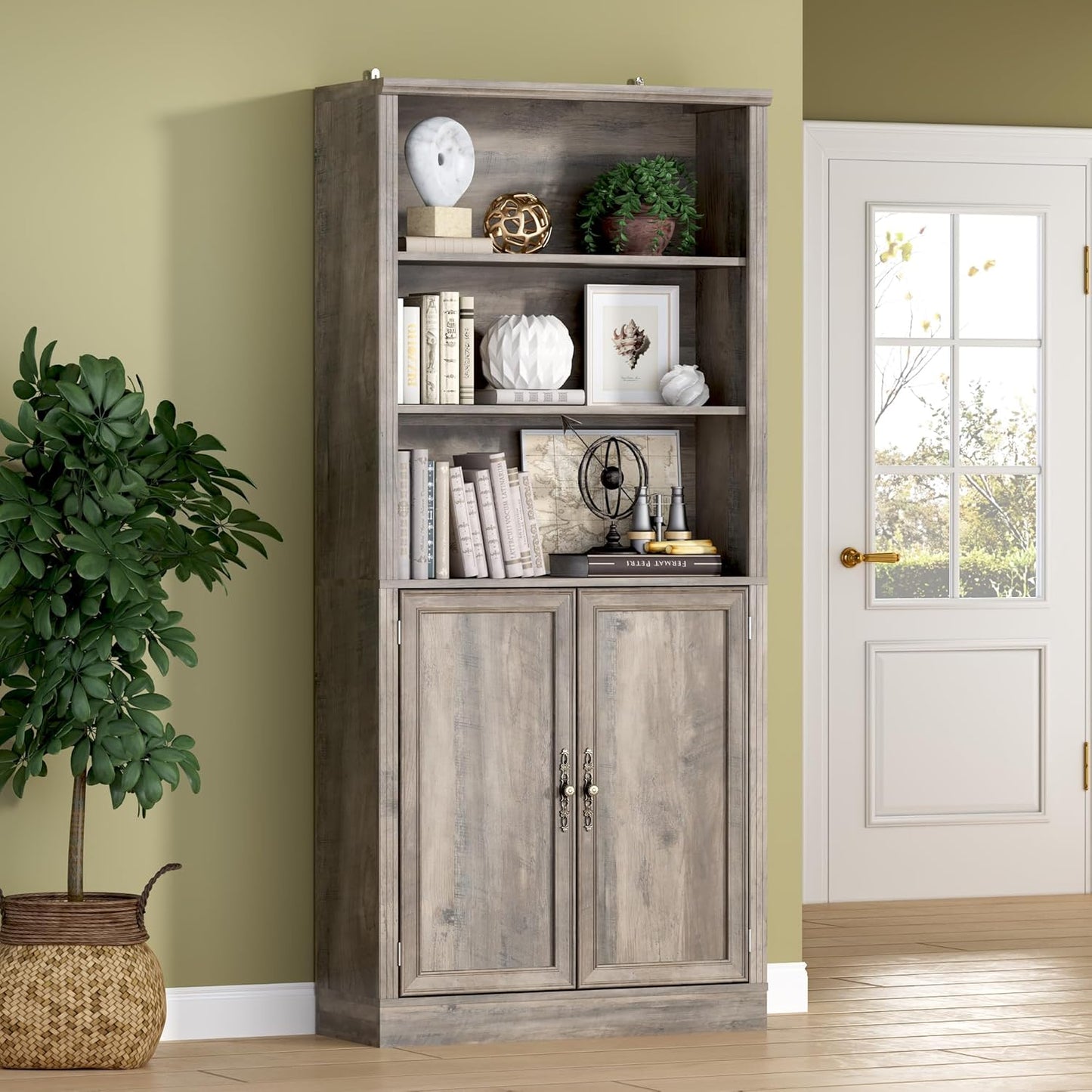 71.4 Tall Bookshelf with Cabinet for Modern Home Office Storage