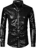 ZEROYAA Men's Shiny Metallic Sequin Button Down Shirt - Disco Style