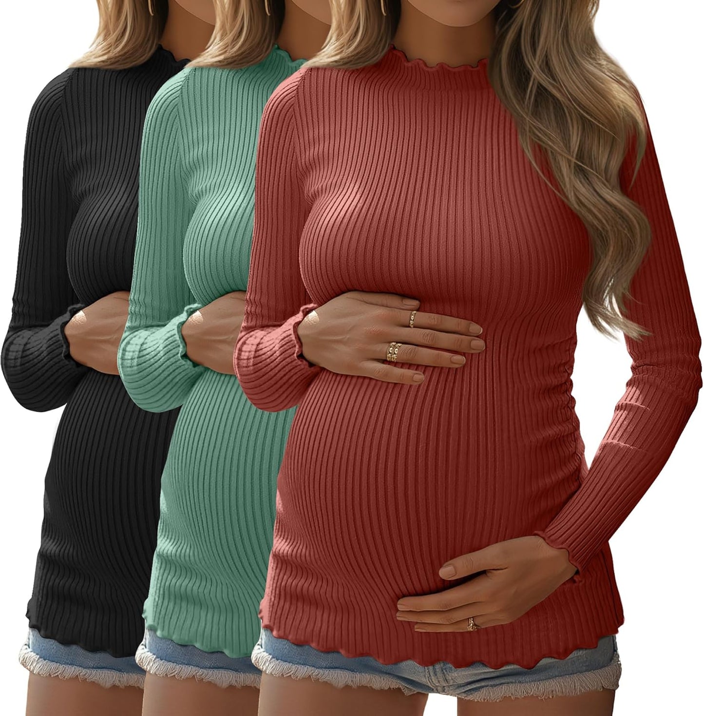 Huukeay Maternity Shirts 3 Pack Long Sleeve Ribbed Tops