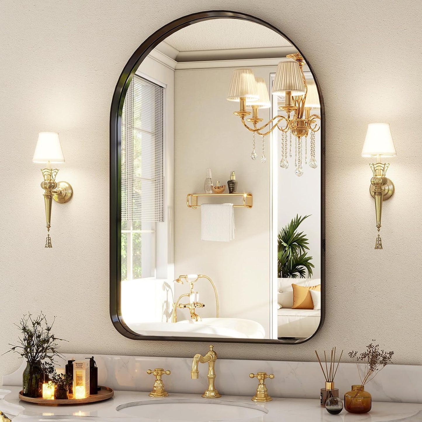 38x26 Arched Bathroom Mirror - Modern Black Rounded Corner Design