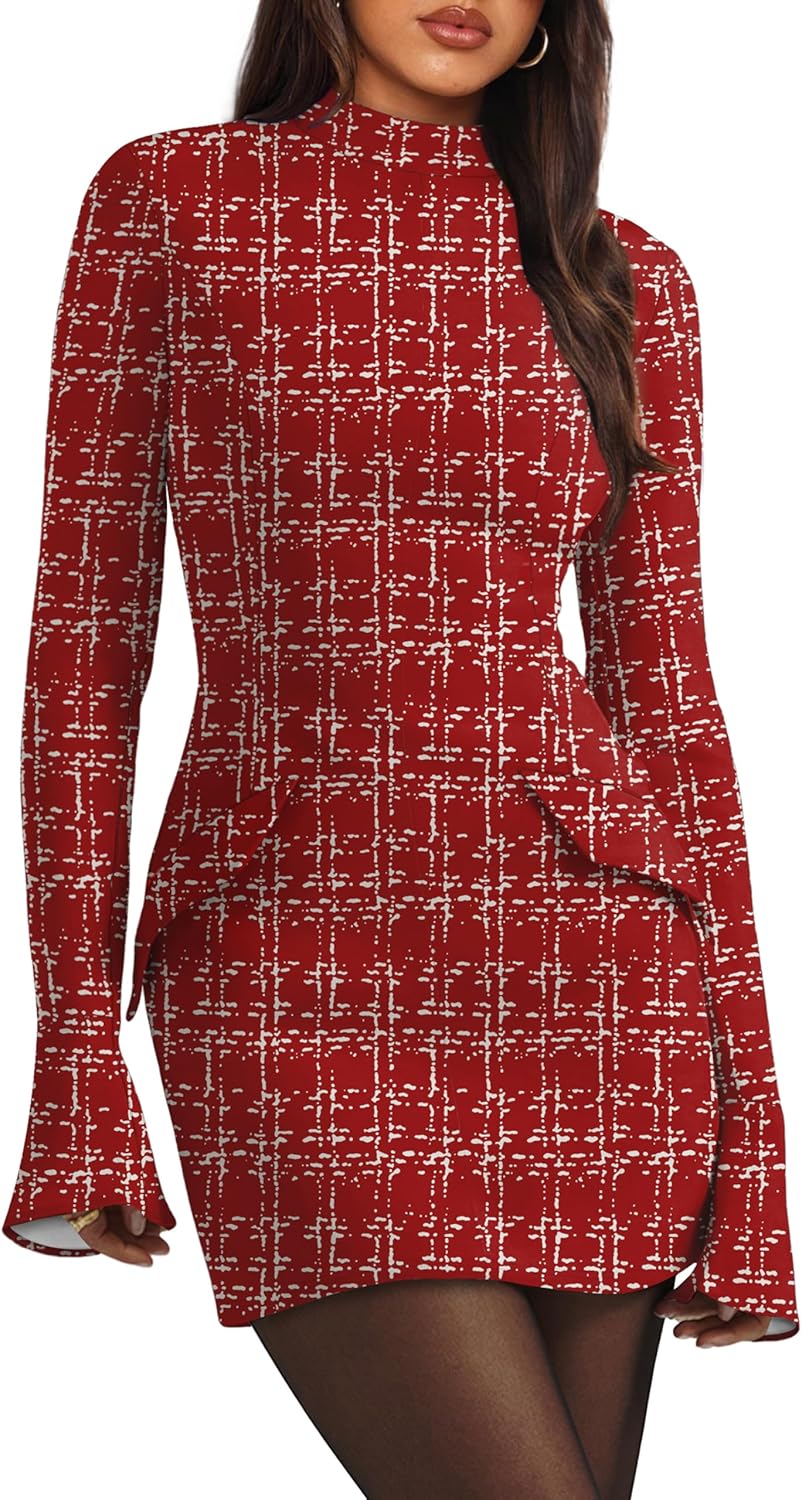 OFEEFAN Women's Fall Long Sleeve Mock Neck Bodycon Mini Dress