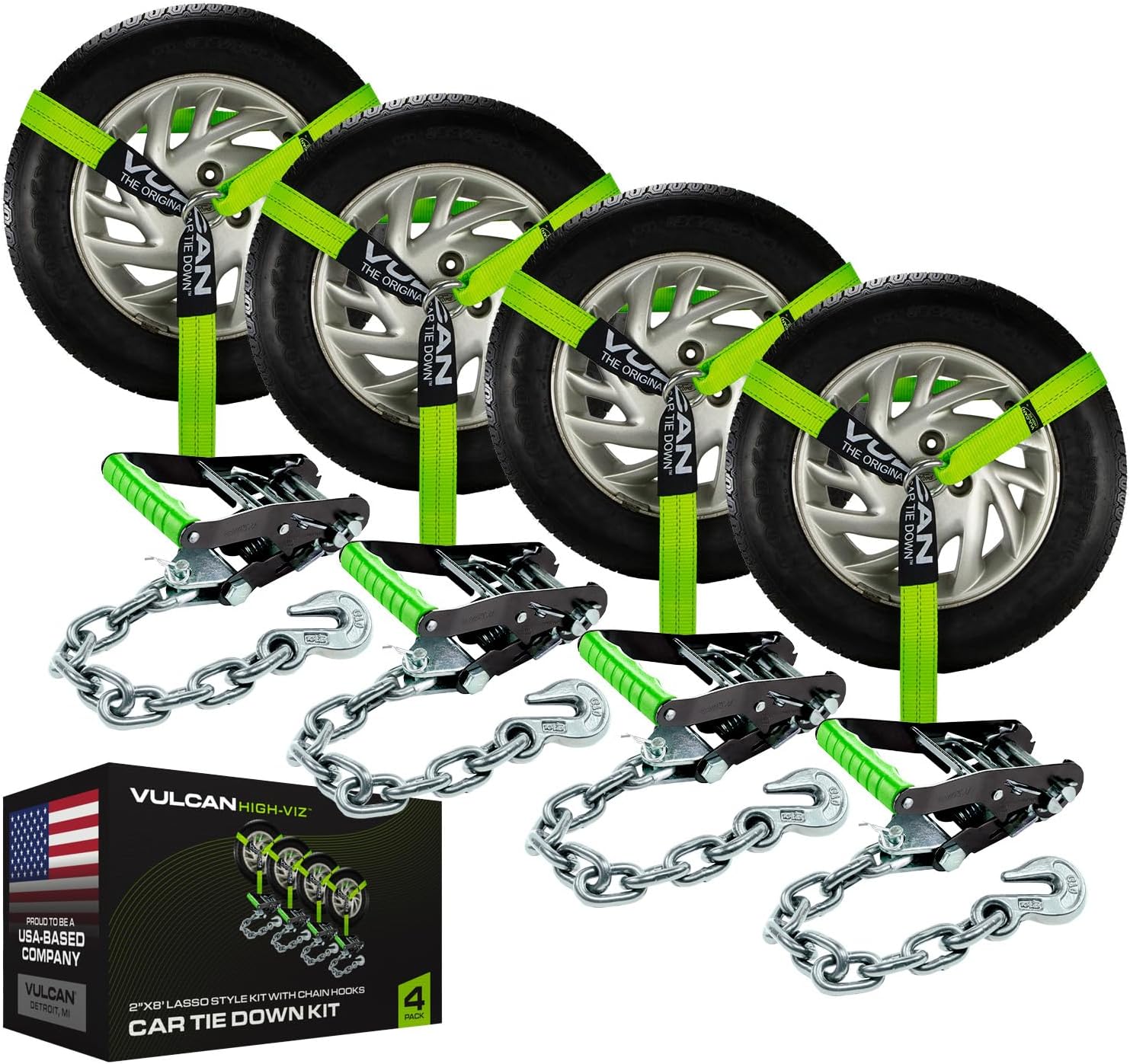 VULCAN Car Tie Down with Chain Anchors - High-Viz Lasso Style