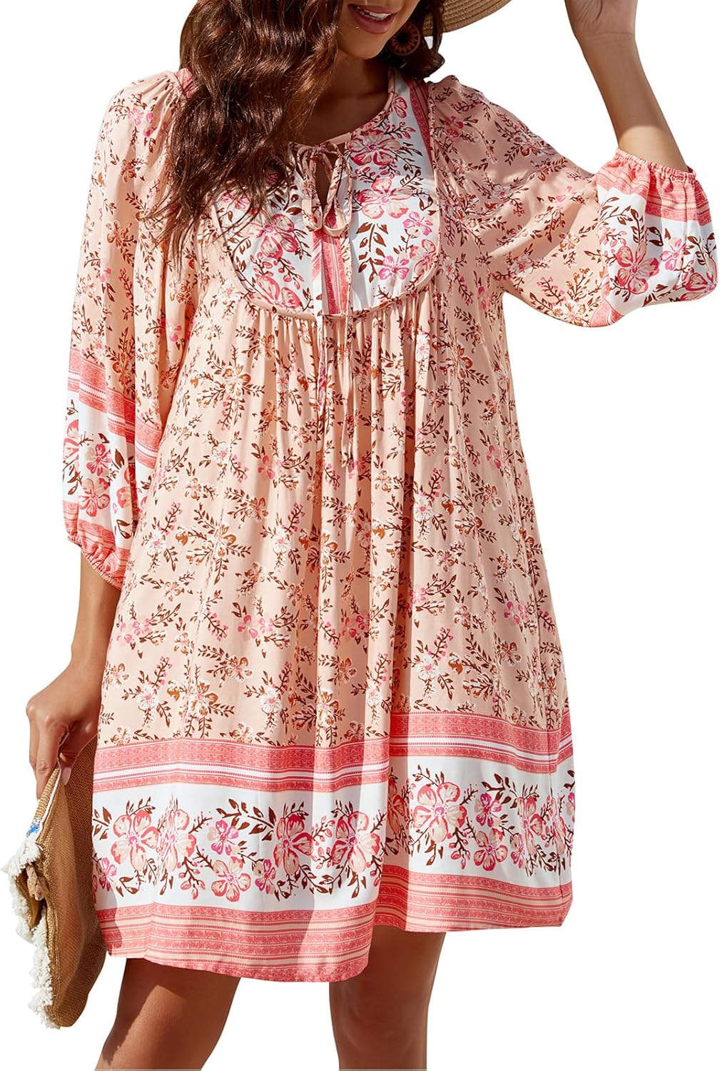 Qearal Womens Casual V Neck Boho Floral Mini Summer Dress
