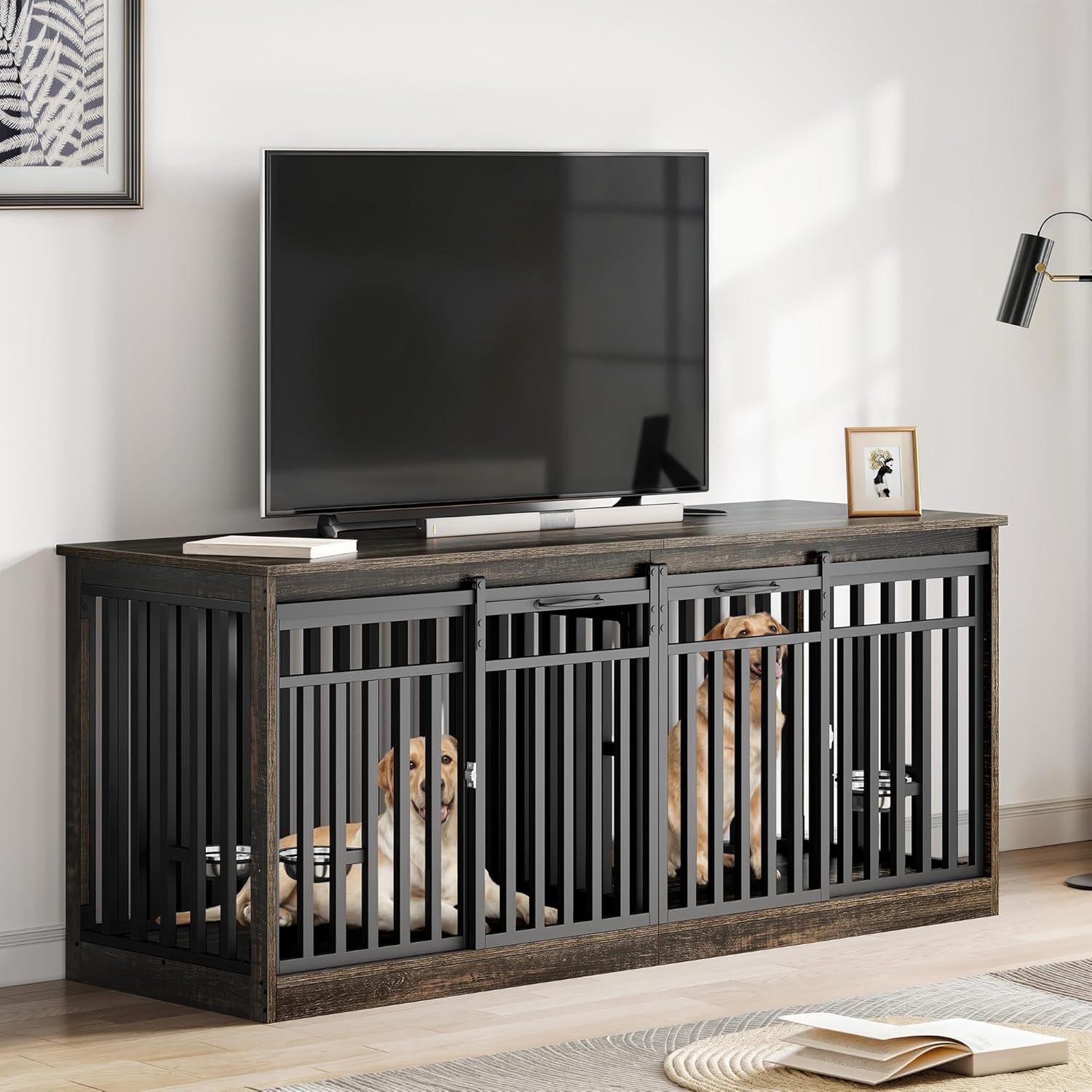 71 Inch Double Dog Crate Furniture for Medium Dogs and TV Stand