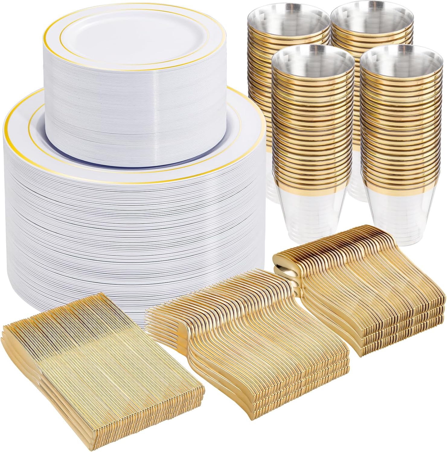 WELLIFE 300Pcs Gold Dinnerware Set for 50 Guests, Elegant Plates