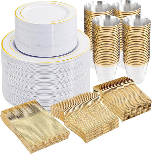 WELLIFE 300Pcs Gold Dinnerware Set for 50 Guests, Elegant Plates