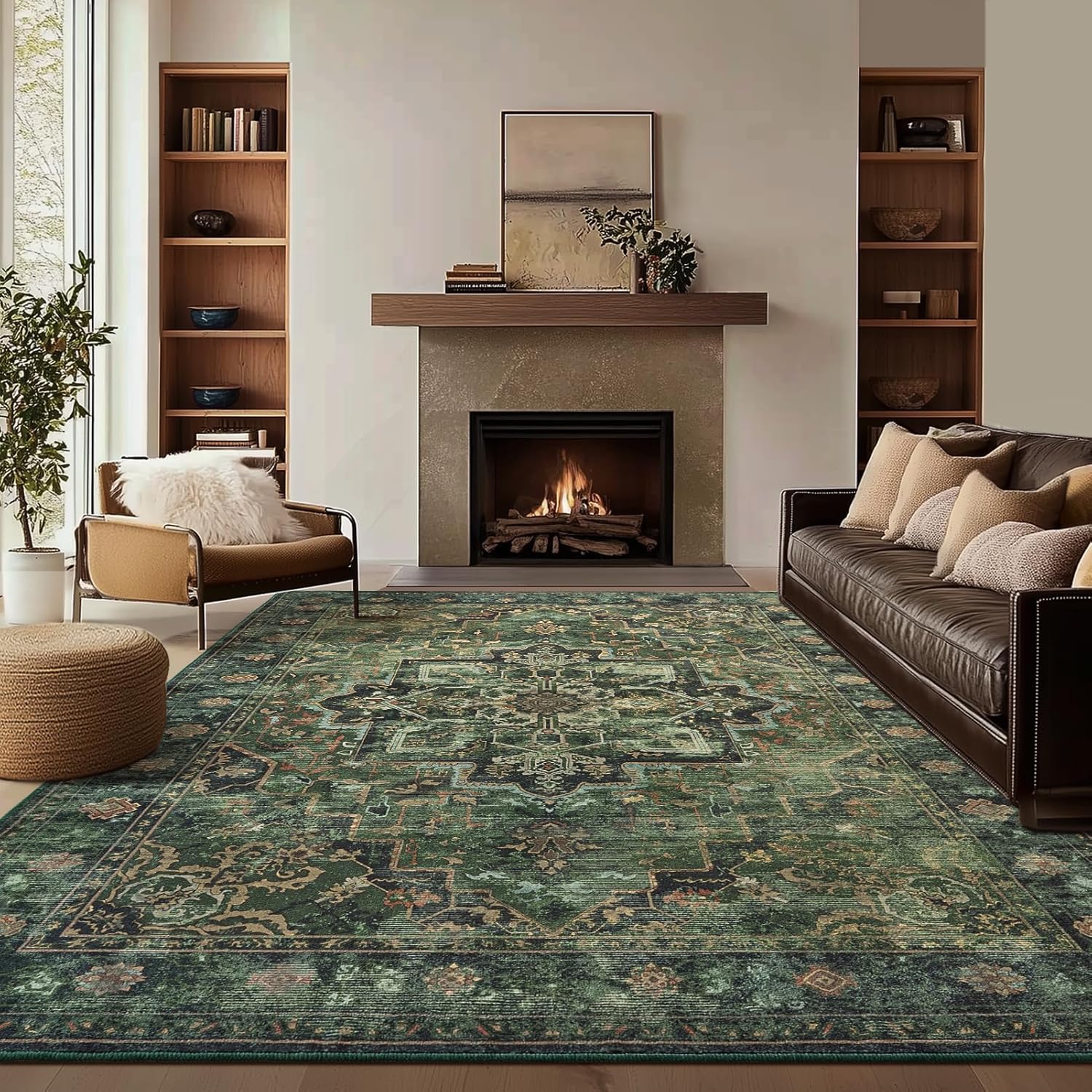 Traditional Dark Green 8x10 Rugs for Living Room and Bedroom