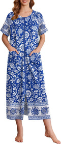 Ekouaer Zipper Front Mid-Calf Robe Women Short Sleeve Loungewear