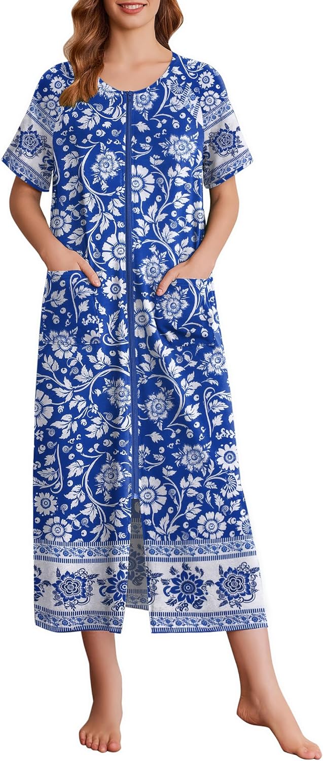 Ekouaer Women Robes Zipper Front Short Sleeve Full Length Housecoat