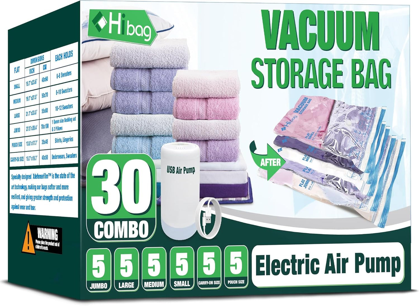 HIBAG Vacuum Storage Bags with Electric Pump for Space Saving