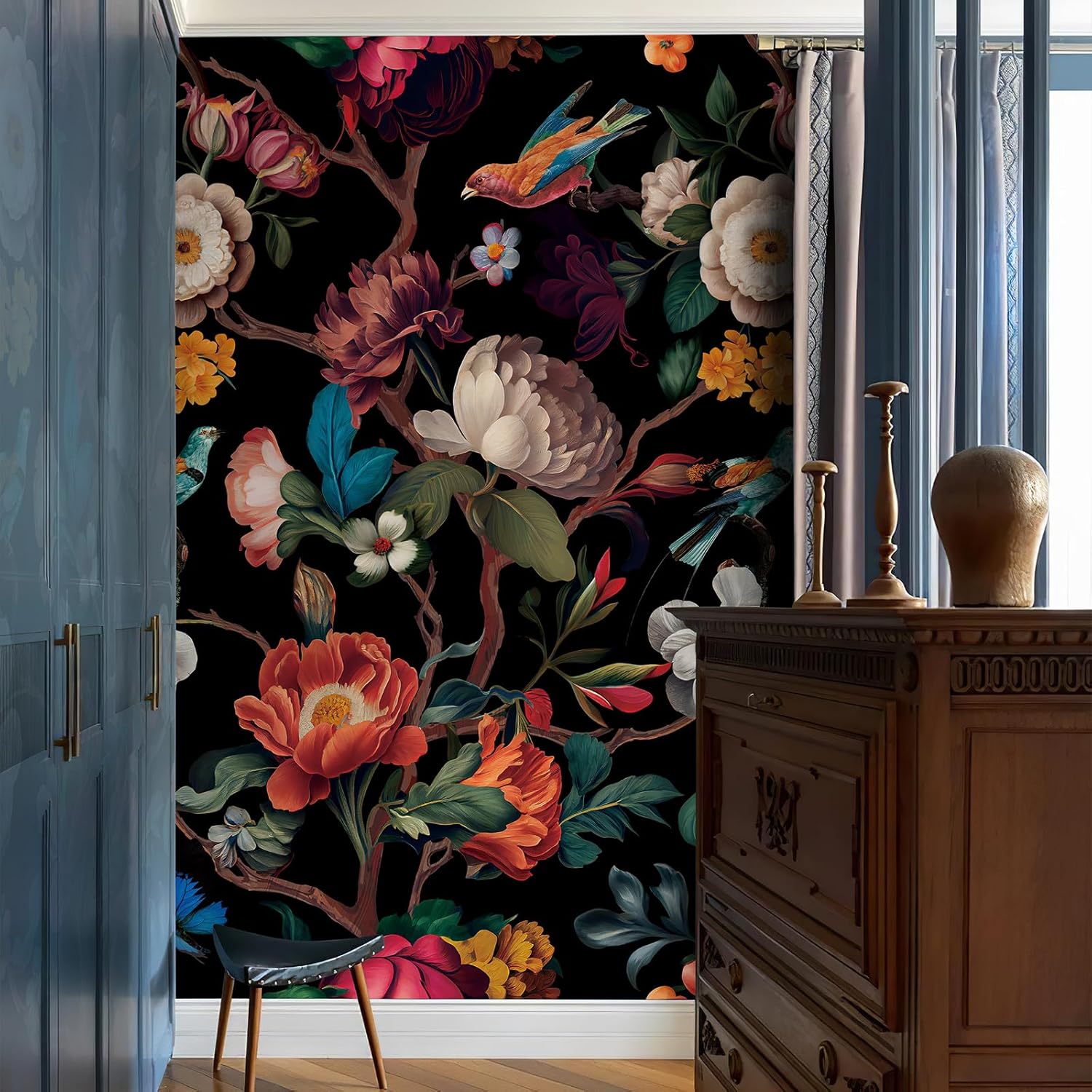 Zeeko Floral Wallpaper Black Peel and Stick Mural for Home Decor
